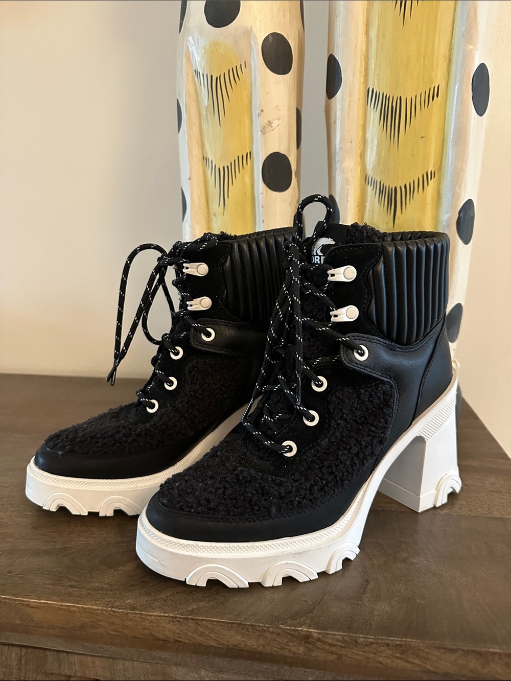Sorel Black Shearling-Style Lace-Up Platform Boots with White Chunky Heel